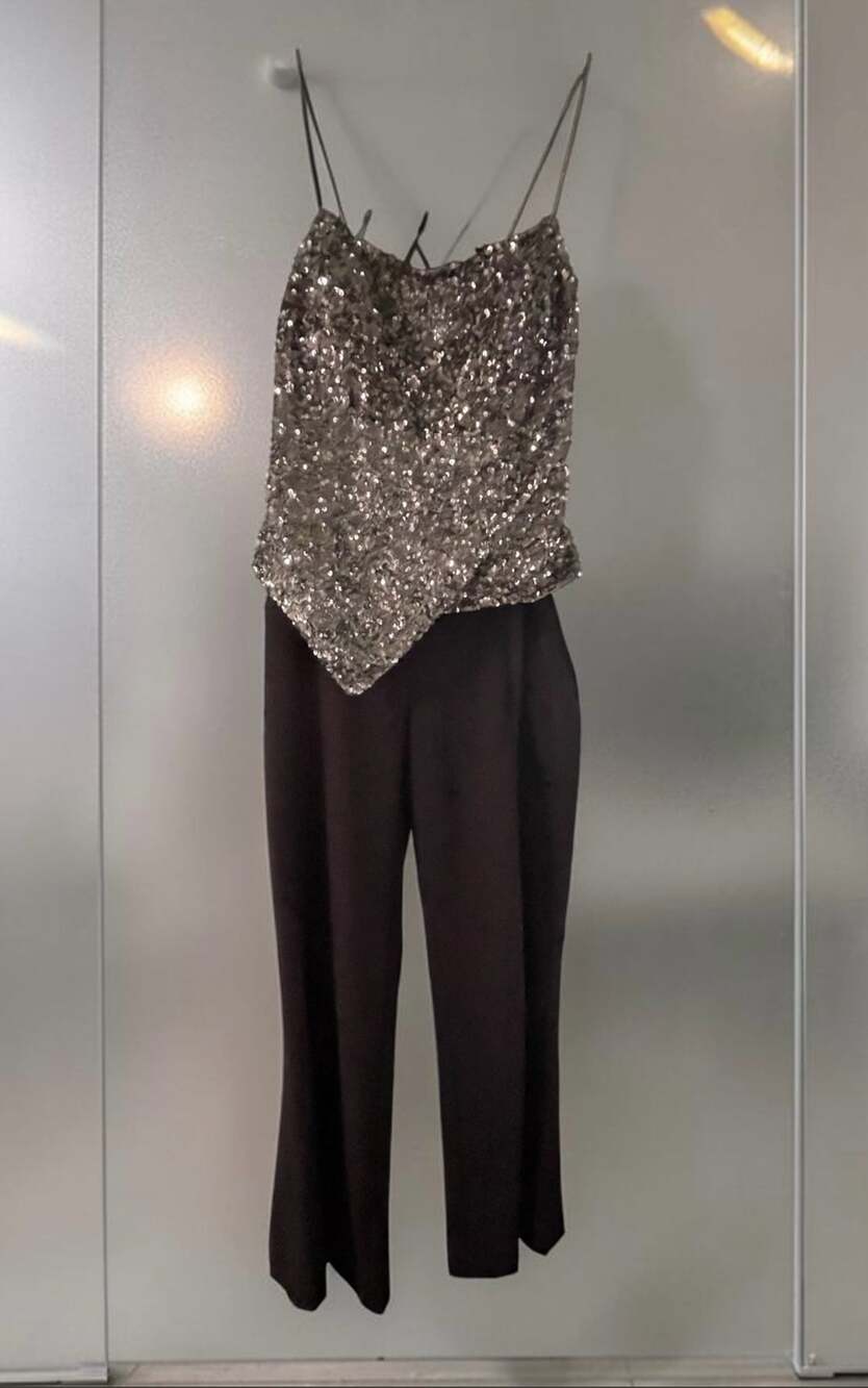PAIR of Vintage Y2K 100% Pure Silk Asymmetrical Sequin Top w/Wide Leg Silhouette